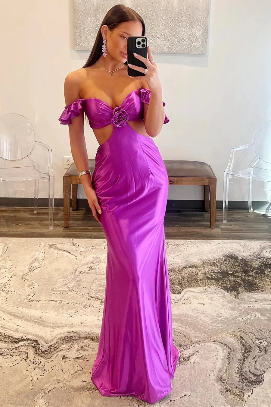 Violet Flutter Sleeve Cutout Mermaid Fitted Prom Dresses