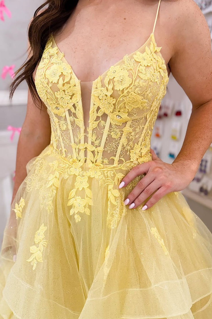 A Line V Neck Yellow Tulle Ruffled Prom Dresses