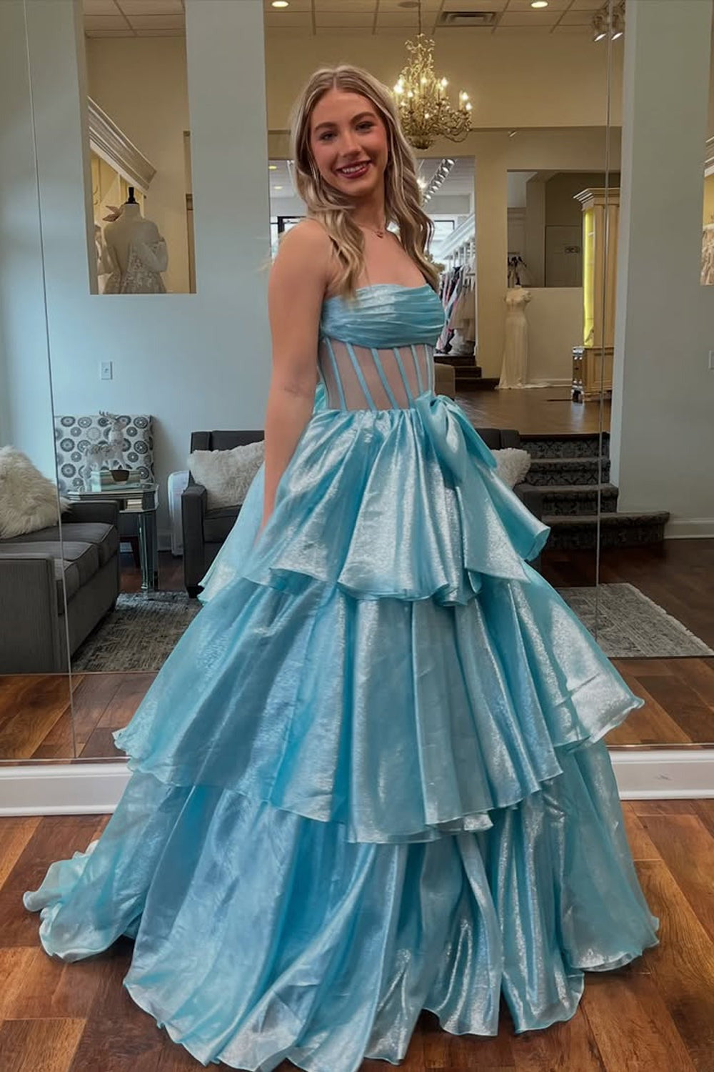 Ball Gown Strapless Organza Light Blue Prom Dresses