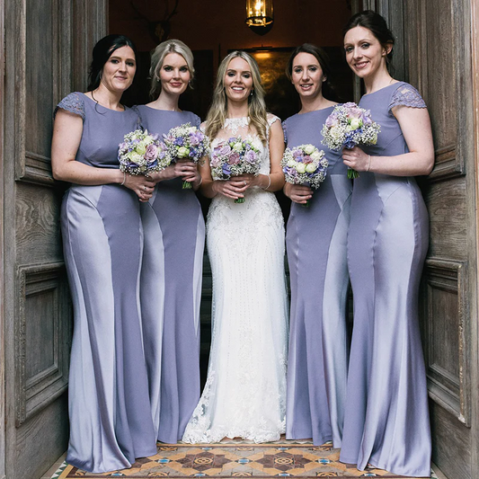 Dusty Blue And Gray Short Sleeves Soft Mermaid Round Neck Long Bridesmaid Dresses