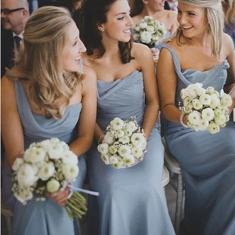 One Shoulder Dusty Blue Chiffon Bridesmaid Dresses