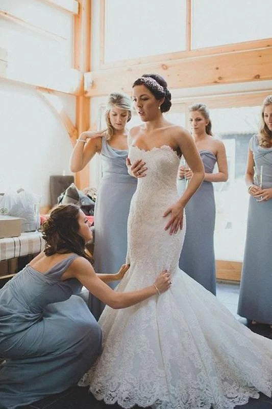 One Shoulder Dusty Blue Chiffon Bridesmaid Dresses