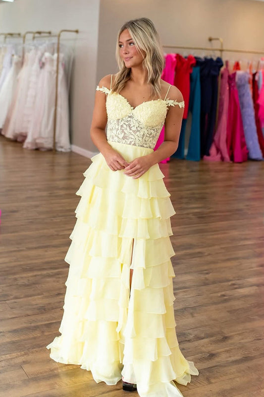 A Line Off the Shoulder Daffodial Chiffon Slit Prom Dresses