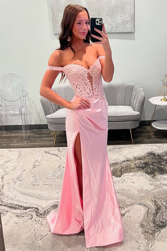 Charming Mermaid Off the Shoulder Pink Satin Prom Dresses