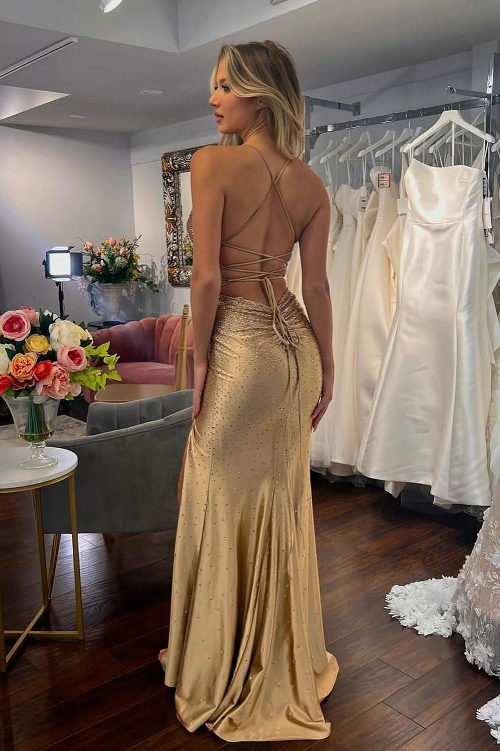 Sexy Mermaid V Neck Gold Satin Slit Prom Dresses