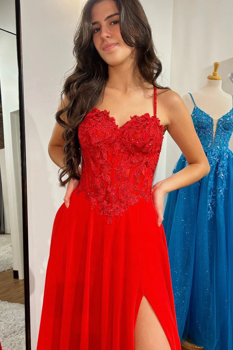 Red Sweetheart Chiffon Appliques Long Prom Dresses