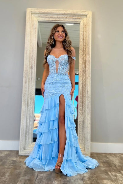 Mermaid Sweetheart Light Blue Tiered Chiffon Prom Dresses