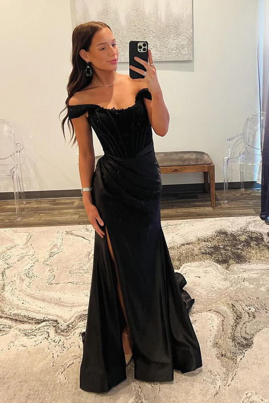 Black Off the Shoulder Satin Mermaid Long Prom Dresses