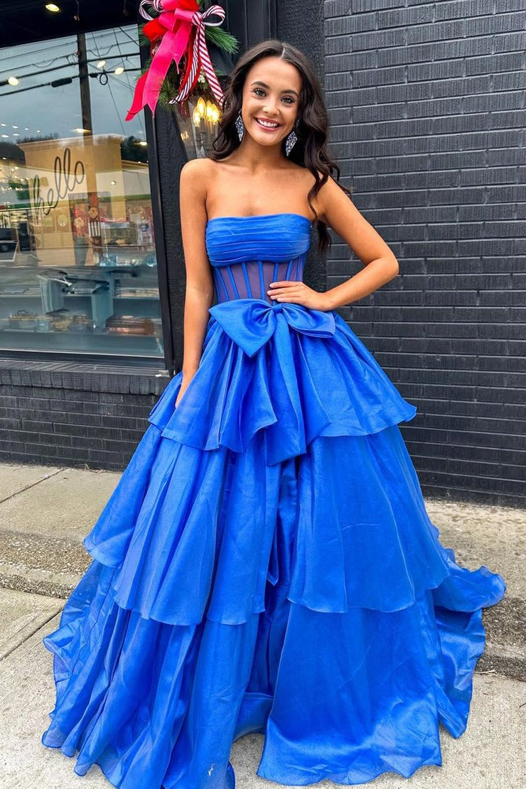 Ball Gown Strapless Organza Royal Blue Prom Dresses