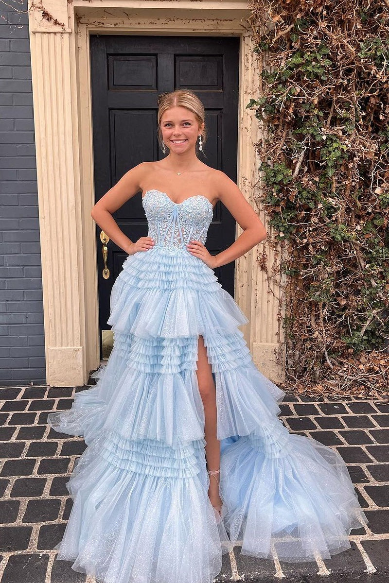 Blue Strapless Ruffle Tiered Tulle Long Prom Dresses