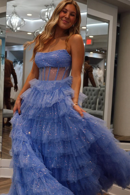 Sparkly Long A-Line Strapless Tiered Tulle Prom Dresses,BD93298