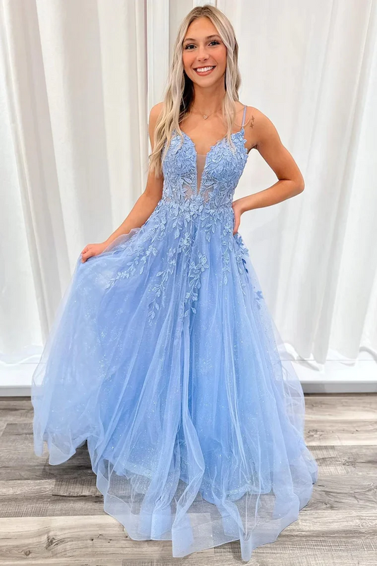 Light Blue Tulle Appliques Plunge V A-Line Long Prom Dresses