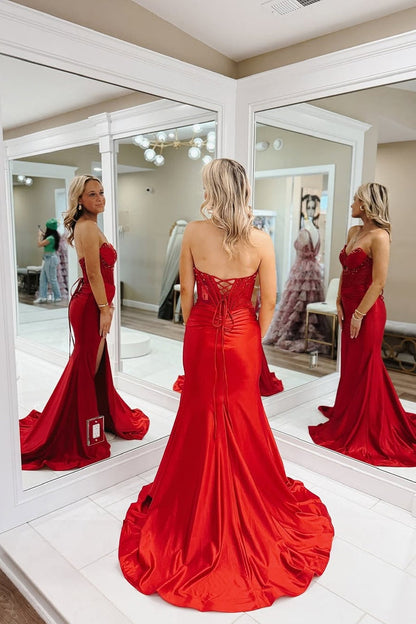 Mermaid V Neck Red Satin Long Prom Dresses