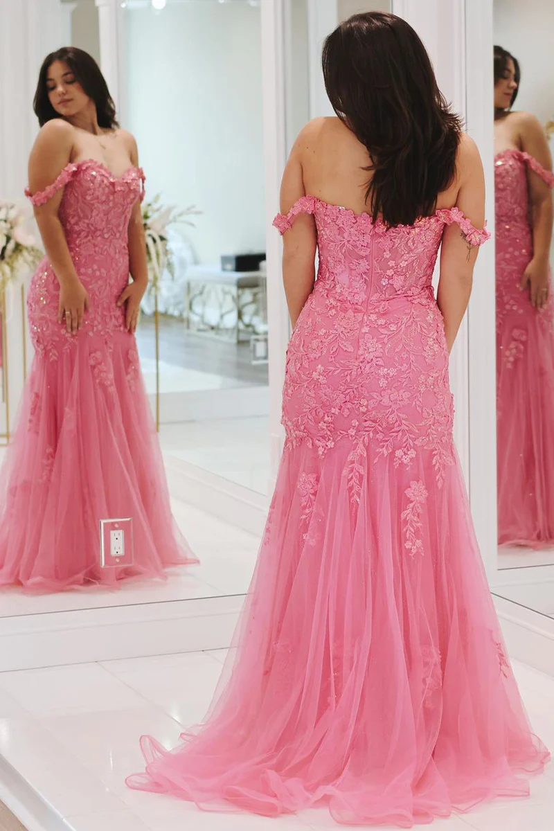 Pink Mermaid Off the Shoulder Tulle Long Prom Dress with Appliques