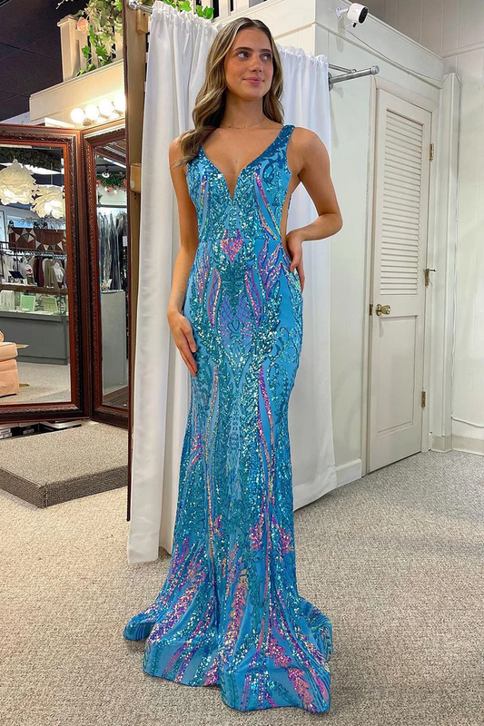 Blue V Neck Sequin Lace Mermaid Long Prom Dresses