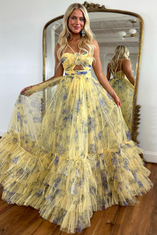 A Line Straps Printed Yellow Long Prom Dresses