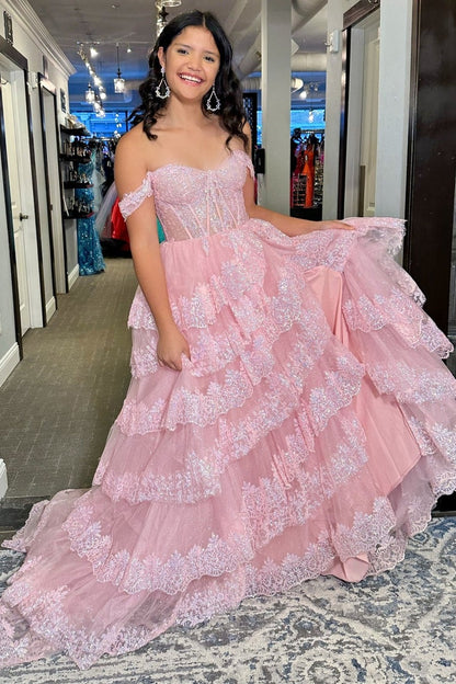 Fairy Ball Gown Off the Shoulder Tulle Pink Prom Dresses