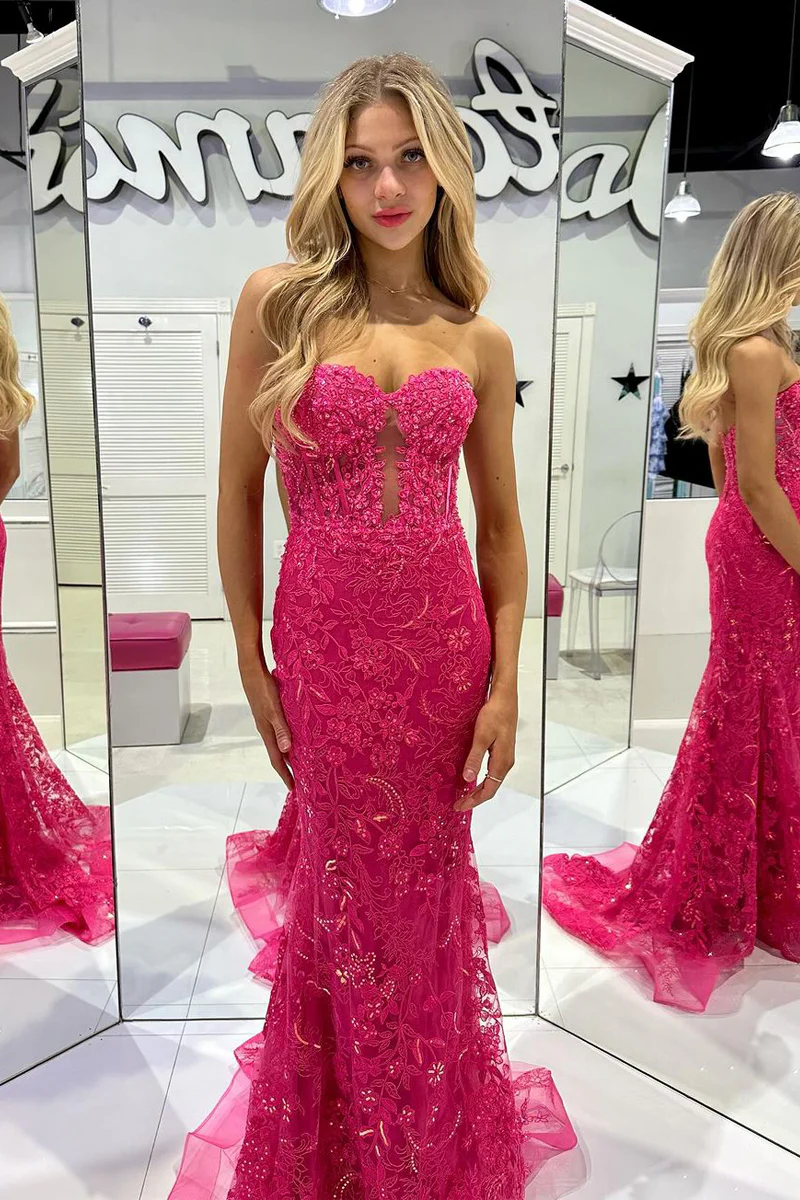 Fuchsia Sweetheart Tulle Lace Long Prom Dresses with Appliques