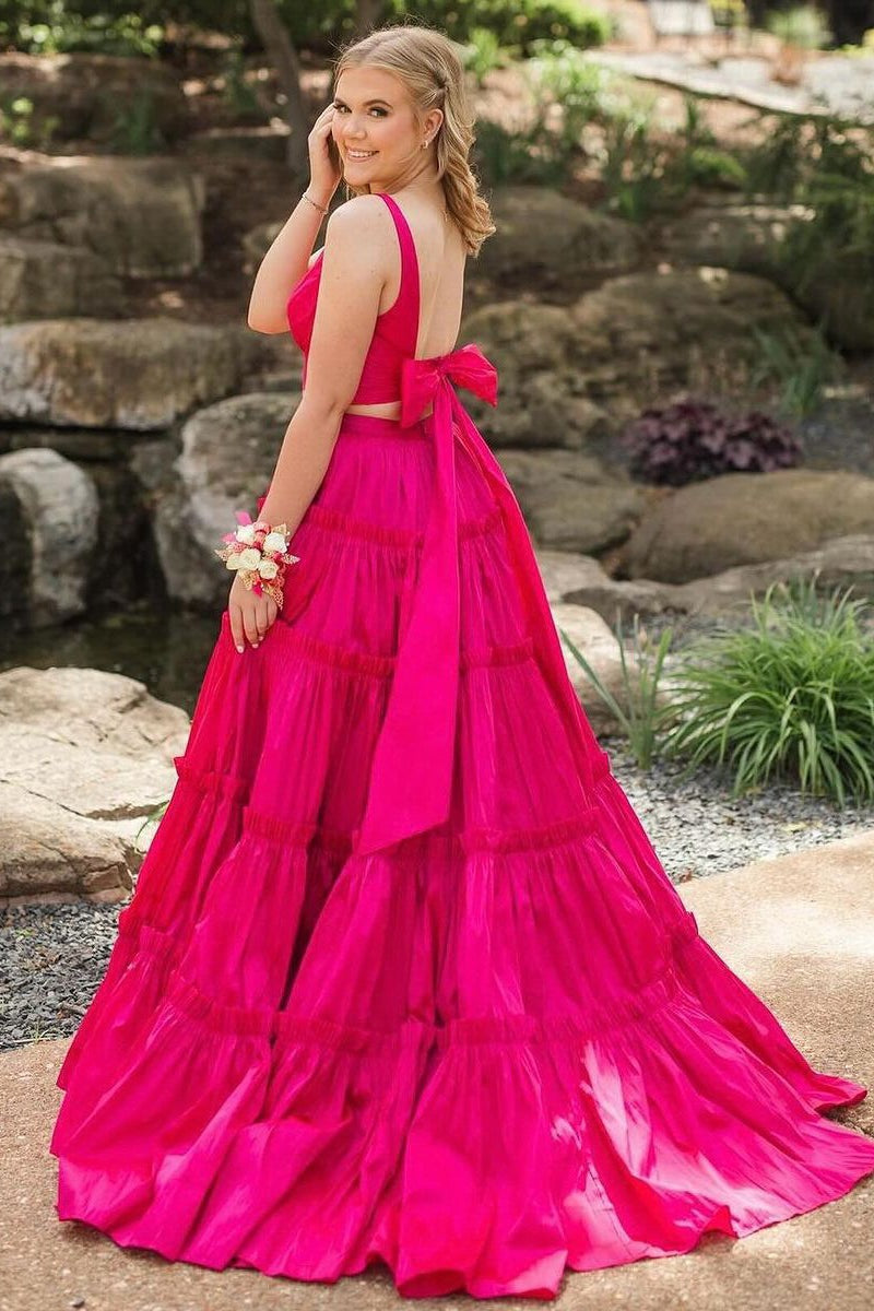 Pink Two Piece V Neck Satin A-Line Prom Dresses