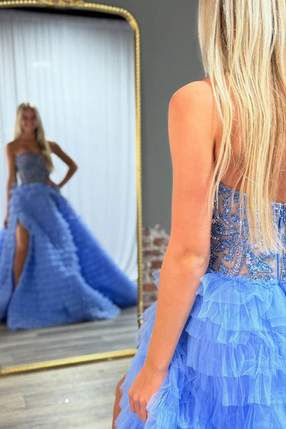 Ball Gown Strapless Blue Tiered Tulle Prom Dresses