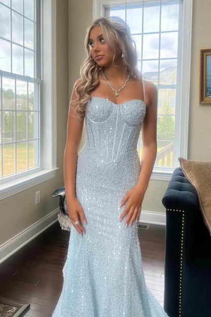 Light Blue Sequins Straps Mermaid Long Prom Dresses