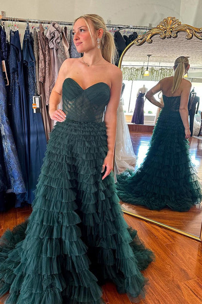 Dark Green Ruffle Tiered Tulle Strapless Long Prom Dresses