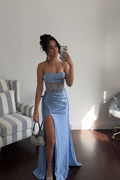 Satin Mermaid Cowl Neck Light Blue Slit Prom Dresses