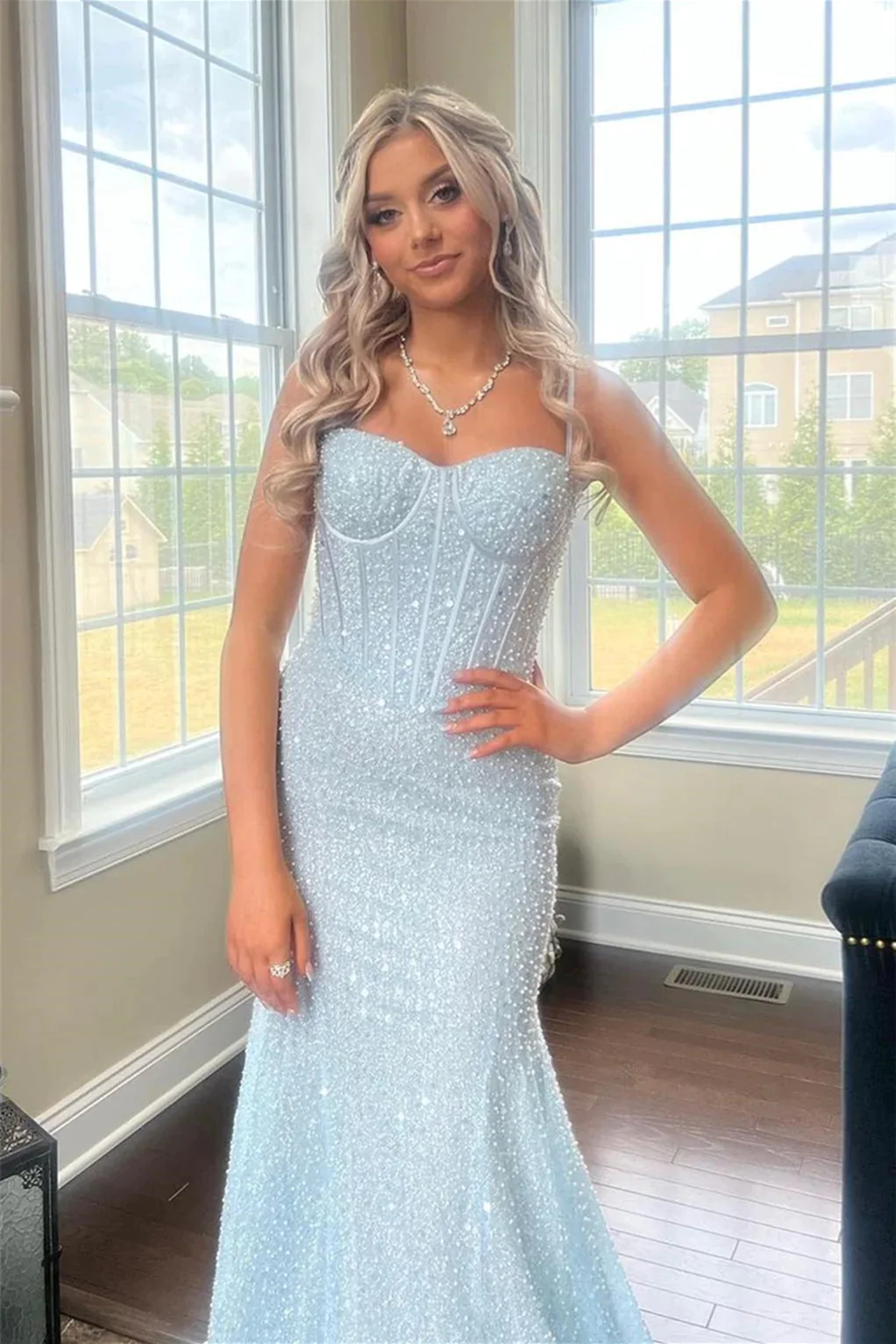 Light Blue Sequins Straps Mermaid Long Prom Dresses