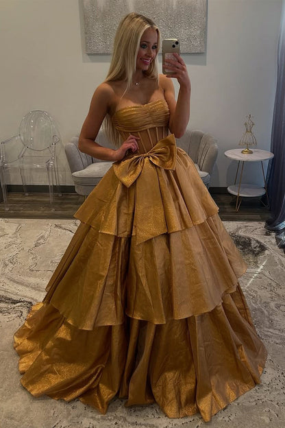 Ball Gown Strapless Gold Organza Tiered Long Prom Dresses