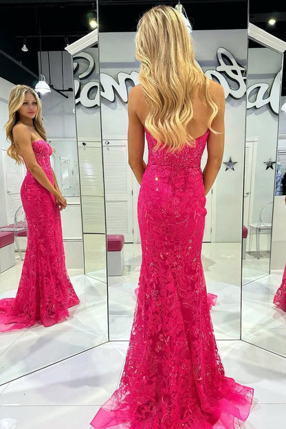 Charming Mermaid Sweetheart Keyhole Fuchsia Lace Prom Dresses