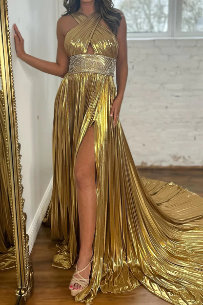 Glitter Golden Beaded Metallic Long A-Line Prom Dresses