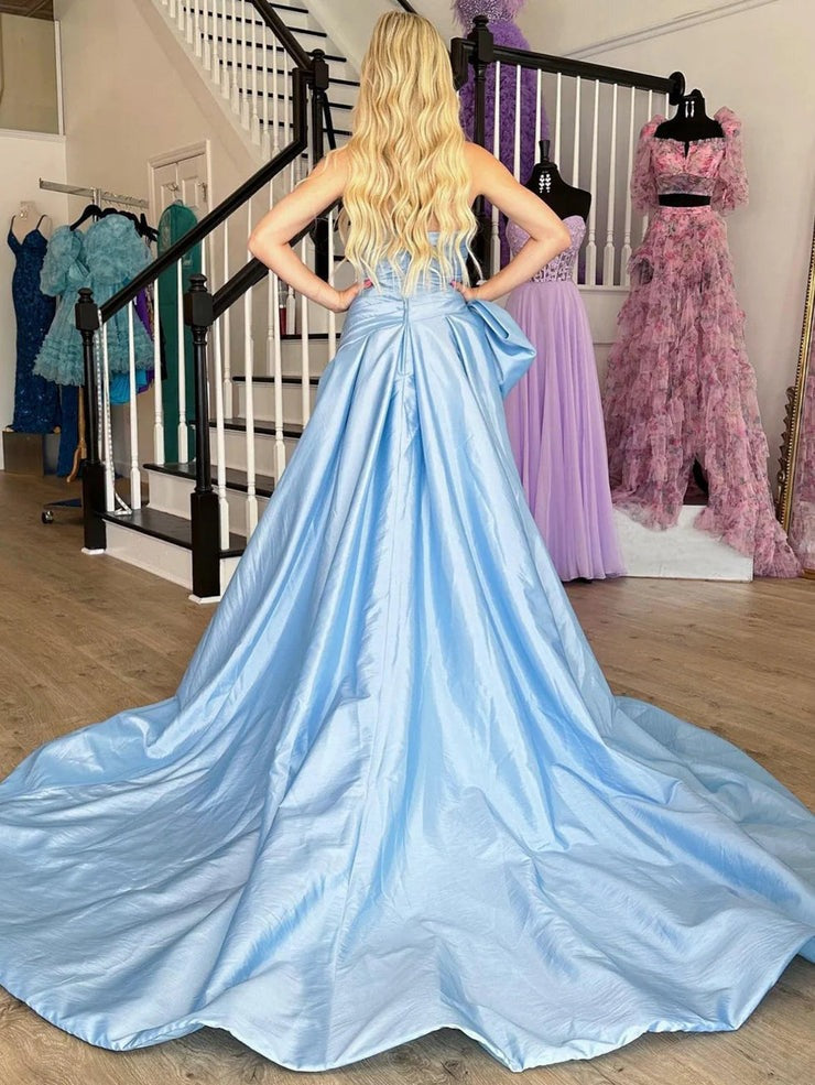 Cute A Line Strapless Light Blue Taffeta Slit Prom Dresses