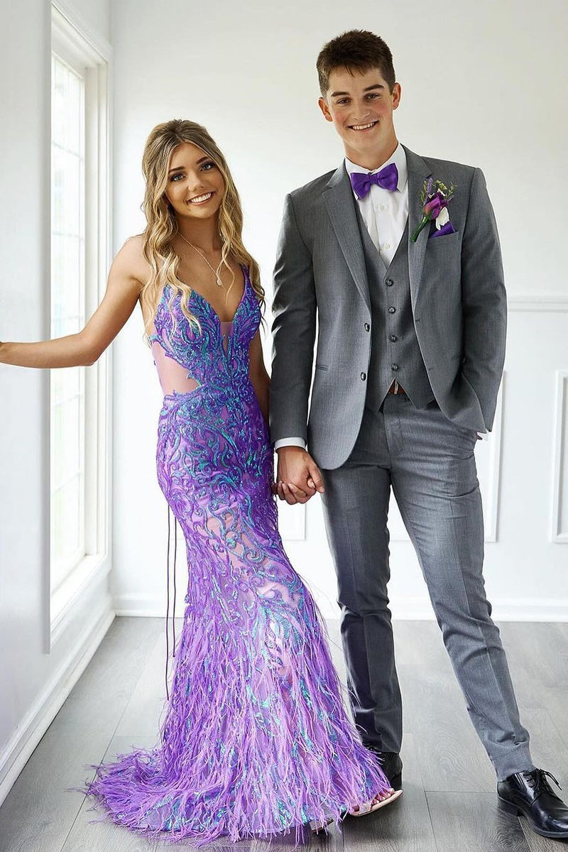 V Neck Purple Sequins Mermaid Long Prom Dresses,BD93387