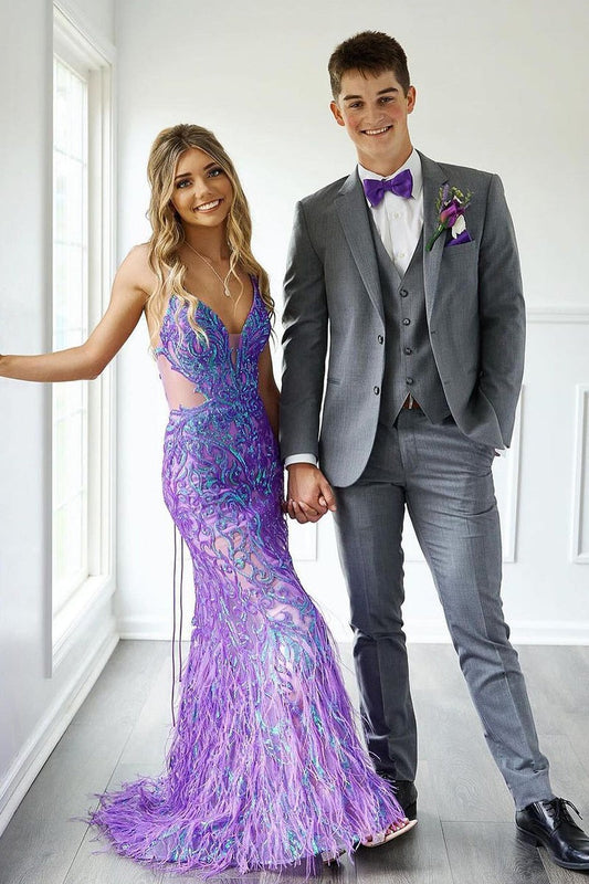 V Neck Purple Sequins Mermaid Long Prom Dresses