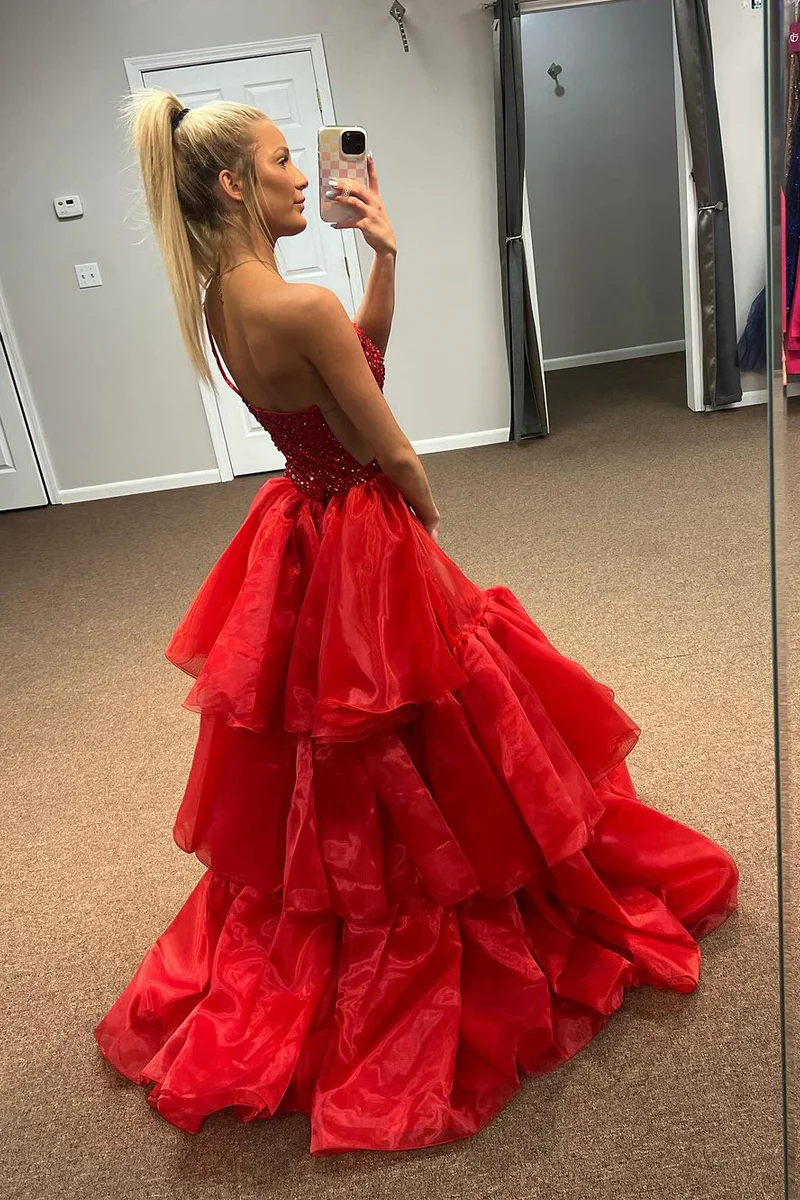 Red One Shoulder Sequins Mermaid Long Prom Dresses