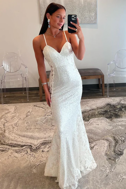 White V Neck Mermaid Sequin  Long Prom Dresses