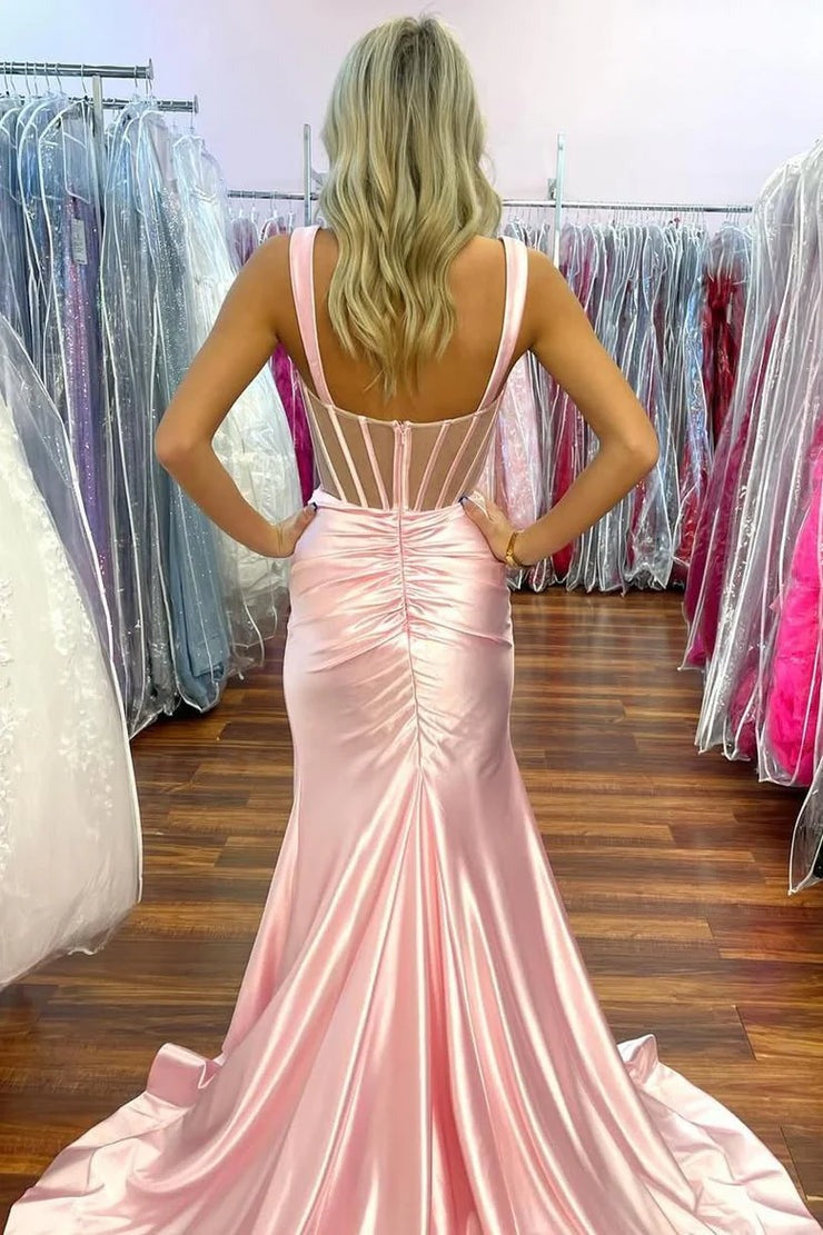 Mermaid Square Neck Pink Stretch Satin Prom Dresses