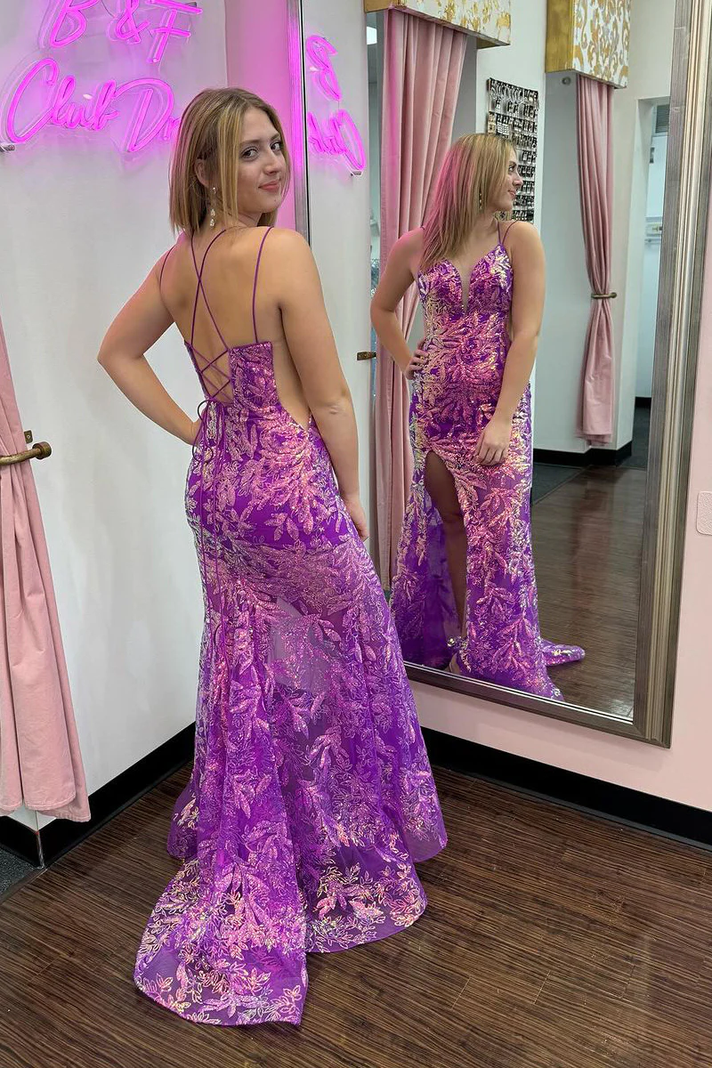 Purple Sequins Lace Mermaid Long V Neck Prom Dresses,BD93199