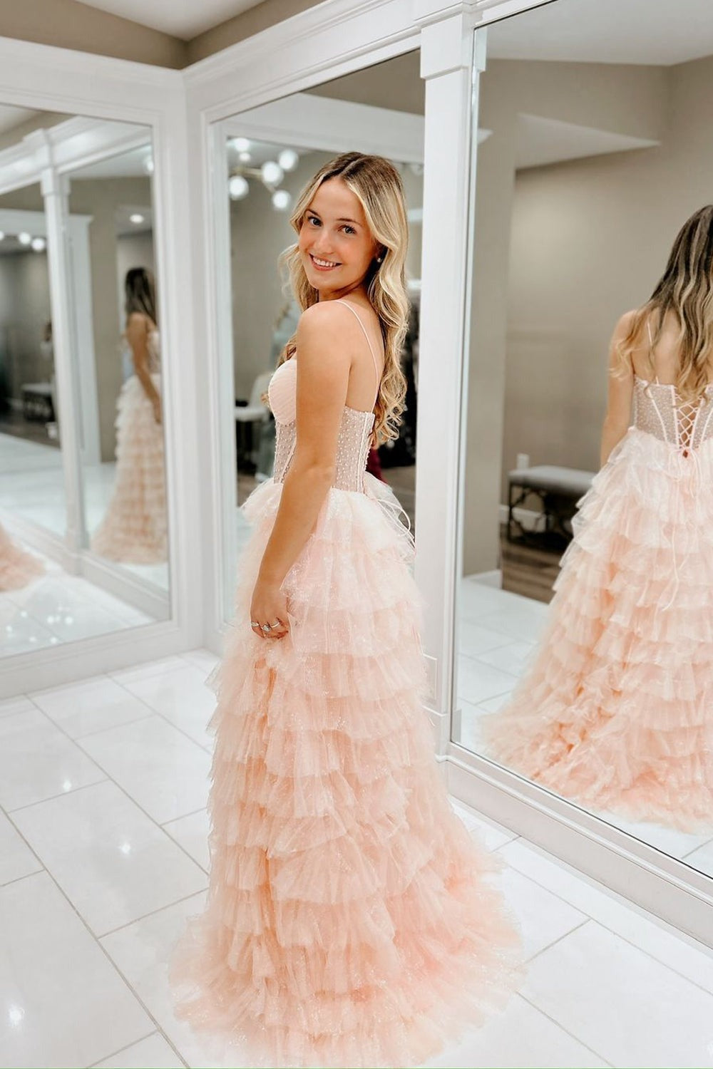 A Line Straps Glitter Tiered Long Tulle Prom Dresses