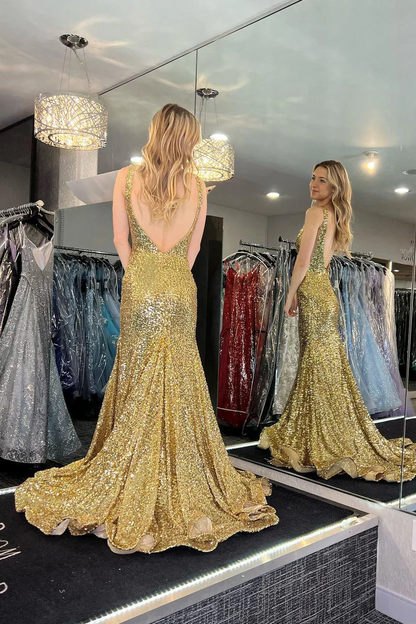 Gold V Neck Sequins Mermaid Prom Dresses