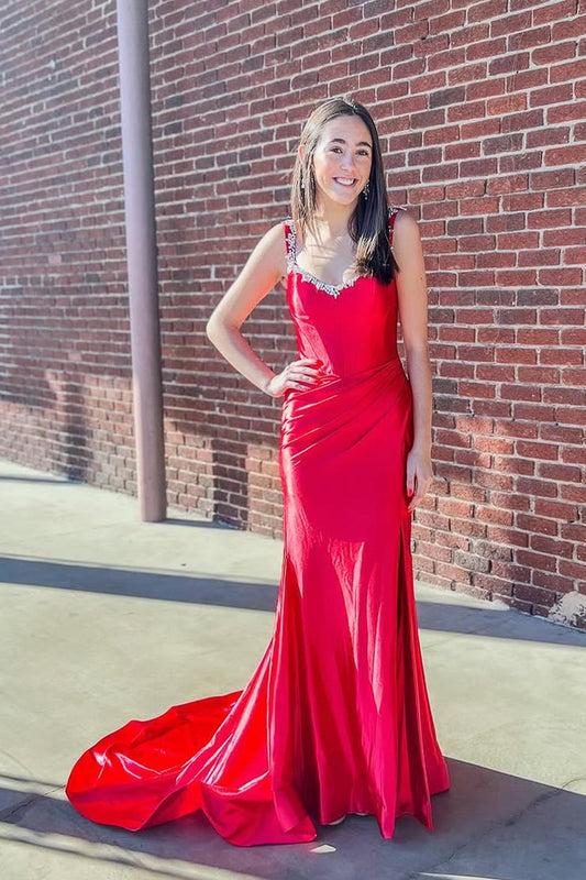 Sweetheart Mermaid Red Satin Long Prom Dresses