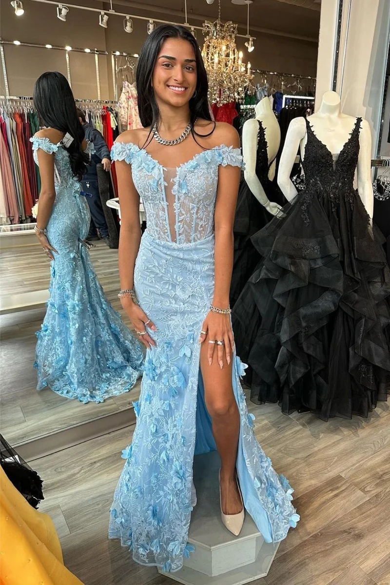 Light Blue Off the Shoulder Lace Appliques Mermaid Long Prom Dresses