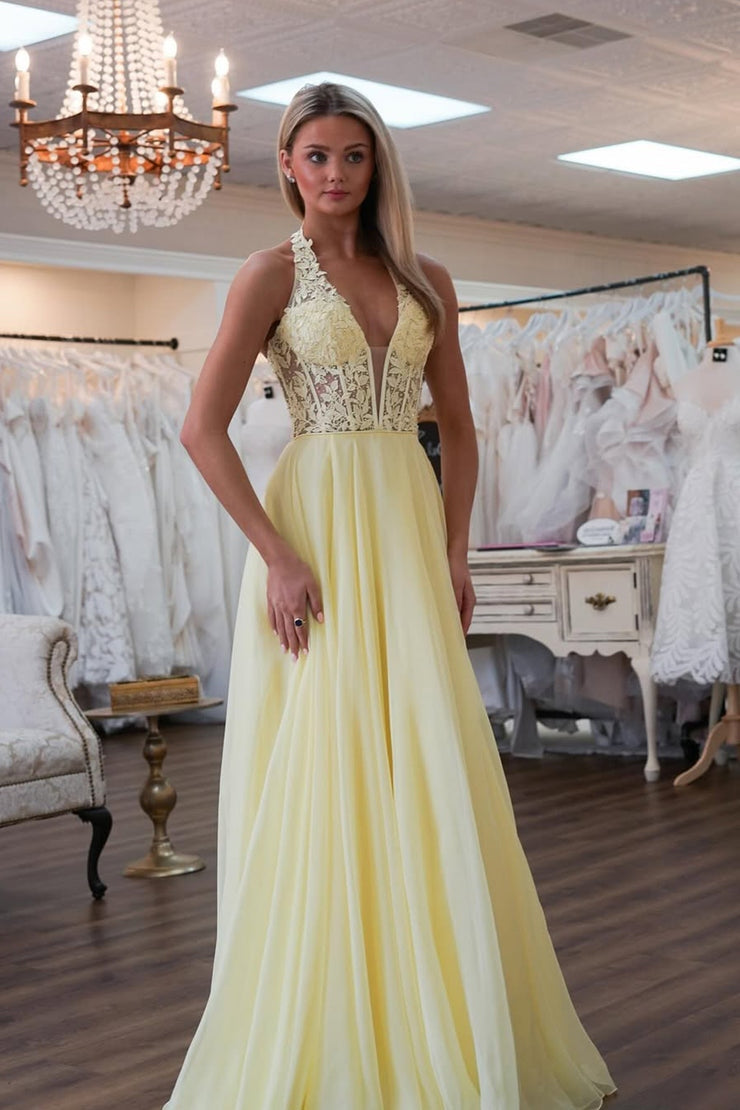 A Line V Neck Daffodial Chiffon Long Prom Dresses