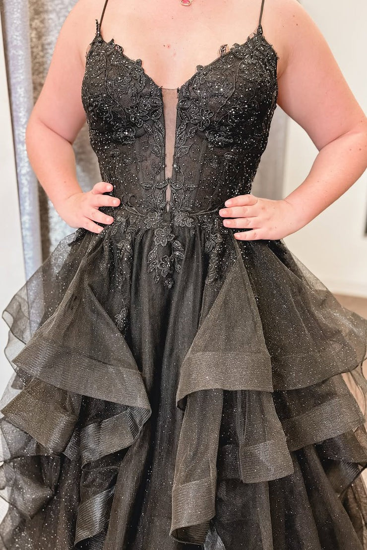 V Neck A Line Black Ruffled Tulle Prom Dresses