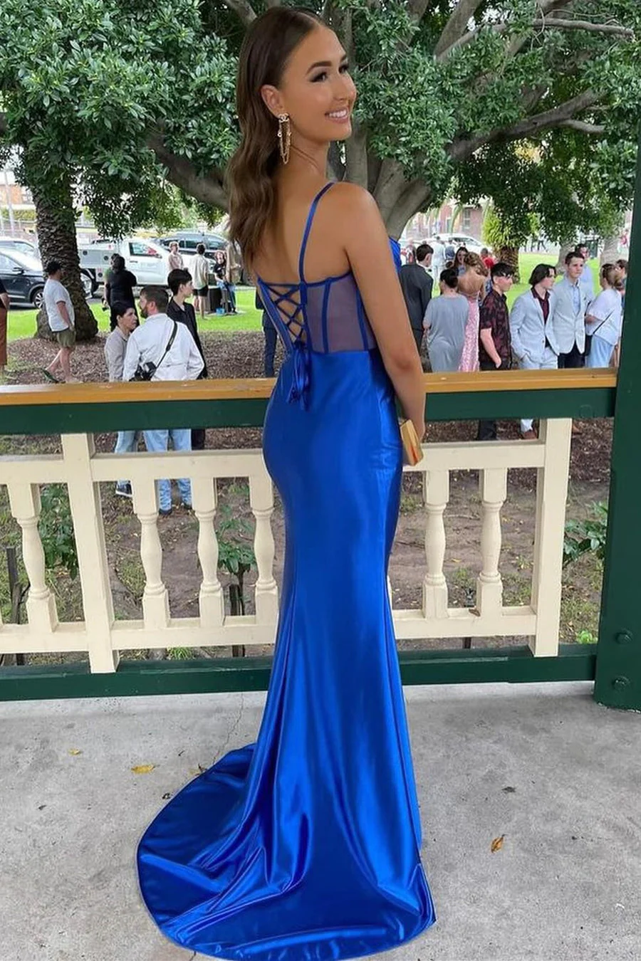 Royal Blue Cowl Neck Sheer Bodice Long Formal Dresses