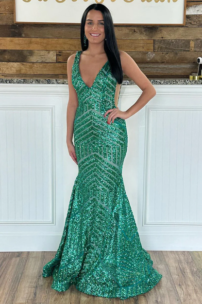 Mermaid Dark Green Sequins V Neck Long Prom Dresses