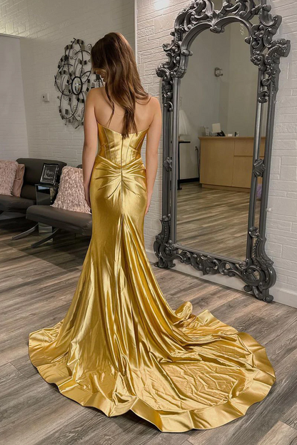 Mermaid Sweetheart Gold Satin Long Prom Dresses