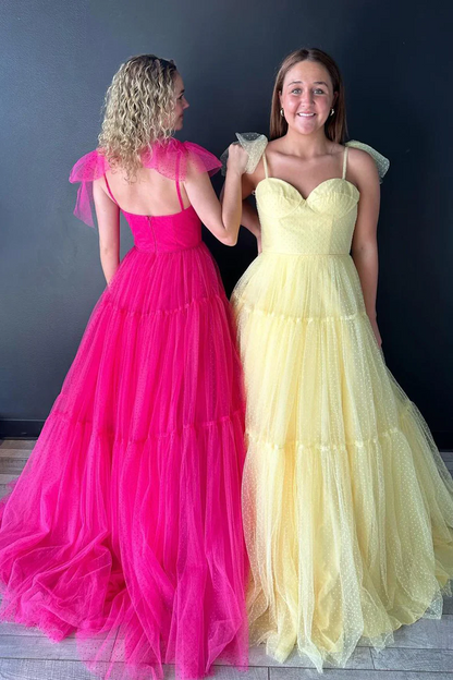 Long Sweetheart Tie Straps Tulle A-Line Prom Dresses