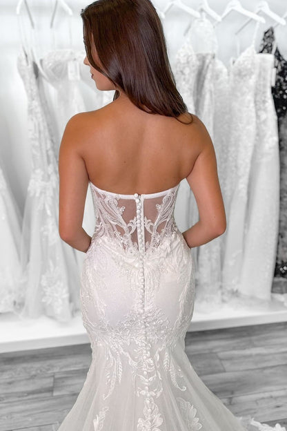 Mermaid V Neck Lace Wedding Dresses with Train