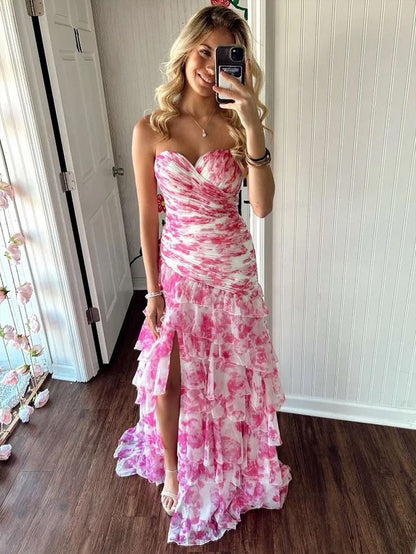 Fairy Sheath Sweetheart Floral Chiffon Tiered Long Prom Dresses